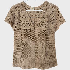 Flair Boho Crochet Knit V-Neck Blouse Womens Medium Tan Beige Short Sleeve Top